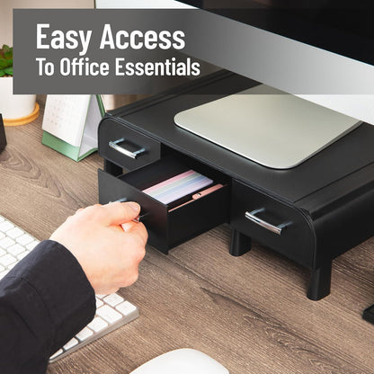 Monitor Stand, Laptop Riser, Desktop Organizer, Storage Drawer, Office, Plastic, 13.5"L x 13"W x 4"H, Black