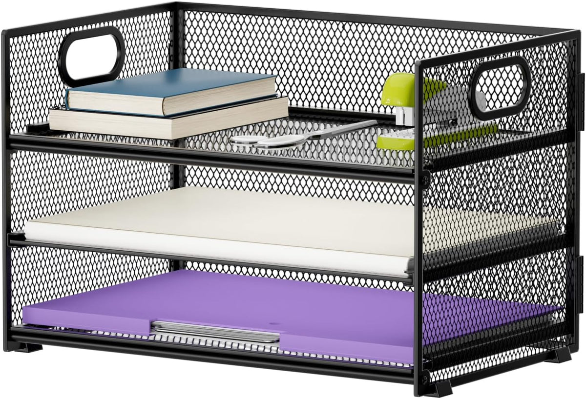 3 Tier Paper Organizer Letter Tray, Mesh File Organizer with Handle, Paper Sorter Desk Organizer for Home Office Supplies
