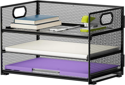 3 Tier Paper Organizer Letter Tray, Mesh File Organizer with Handle, Paper Sorter Desk Organizer for Home Office Supplies