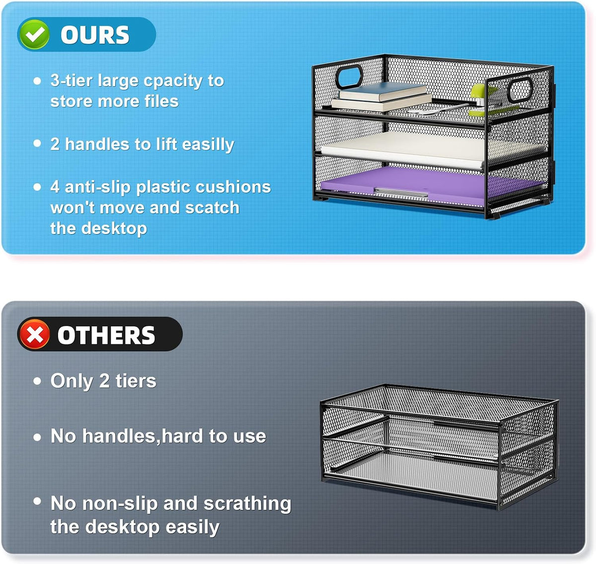 3 Tier Paper Organizer Letter Tray, Mesh File Organizer with Handle, Paper Sorter Desk Organizer for Home Office Supplies