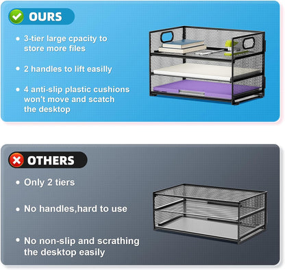 3 Tier Paper Organizer Letter Tray, Mesh File Organizer with Handle, Paper Sorter Desk Organizer for Home Office Supplies