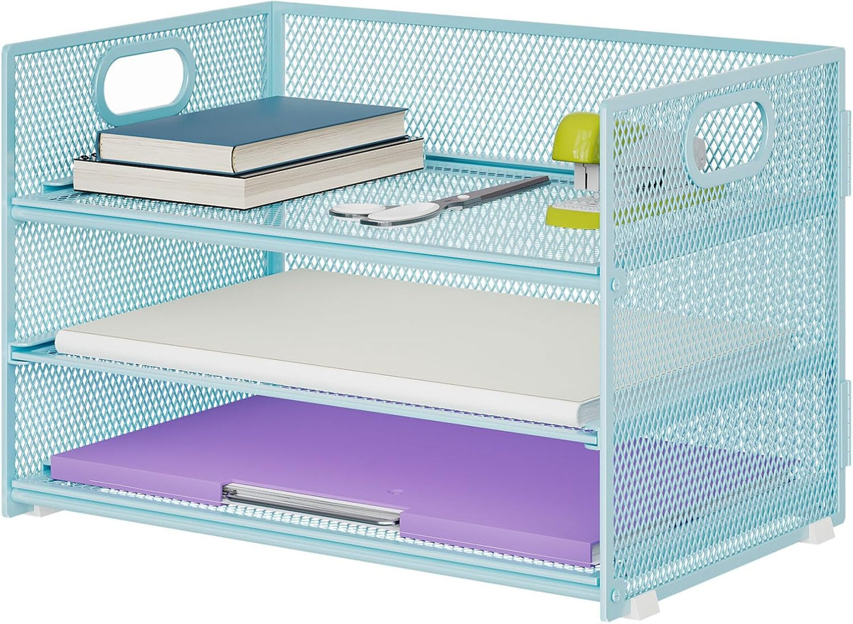 3 Tier Paper Organizer Letter Tray, Mesh File Organizer with Handle, Paper Sorter Desk Organizer for Home Office Supplies