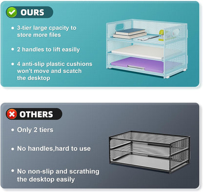 3 Tier Paper Organizer Letter Tray, Mesh File Organizer with Handle, Paper Sorter Desk Organizer for Home Office Supplies