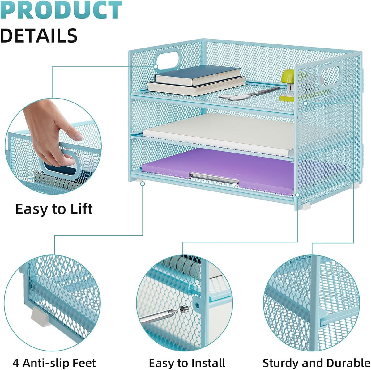 3 Tier Paper Organizer Letter Tray, Mesh File Organizer with Handle, Paper Sorter Desk Organizer for Home Office Supplies