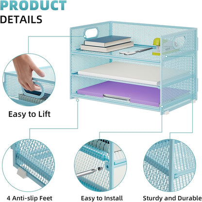 3 Tier Paper Organizer Letter Tray, Mesh File Organizer with Handle, Paper Sorter Desk Organizer for Home Office Supplies