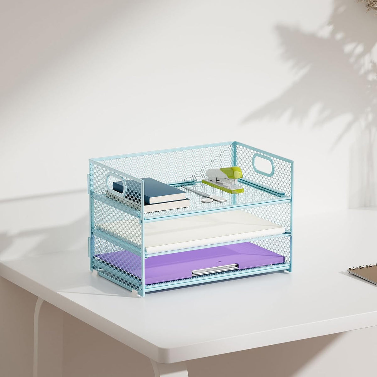 3 Tier Paper Organizer Letter Tray, Mesh File Organizer with Handle, Paper Sorter Desk Organizer for Home Office Supplies