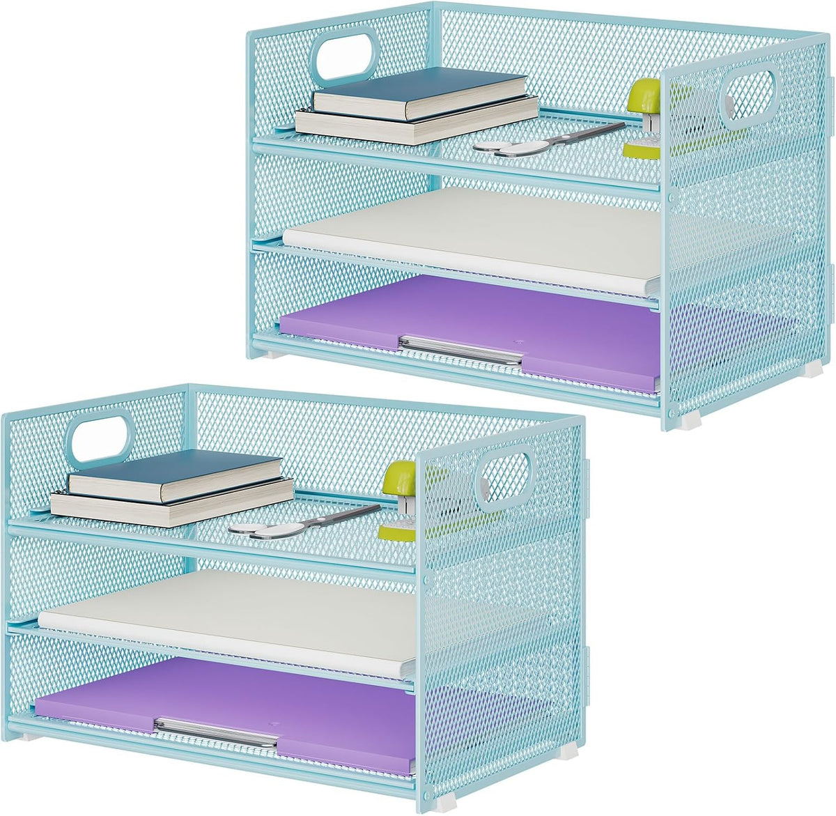 3 Tier Paper Organizer Letter Tray, Mesh File Organizer with Handle, Paper Sorter Desk Organizer for Home Office Supplies