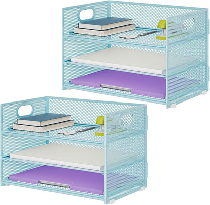 3 Tier Paper Organizer Letter Tray, Mesh File Organizer with Handle, Paper Sorter Desk Organizer for Home Office Supplies