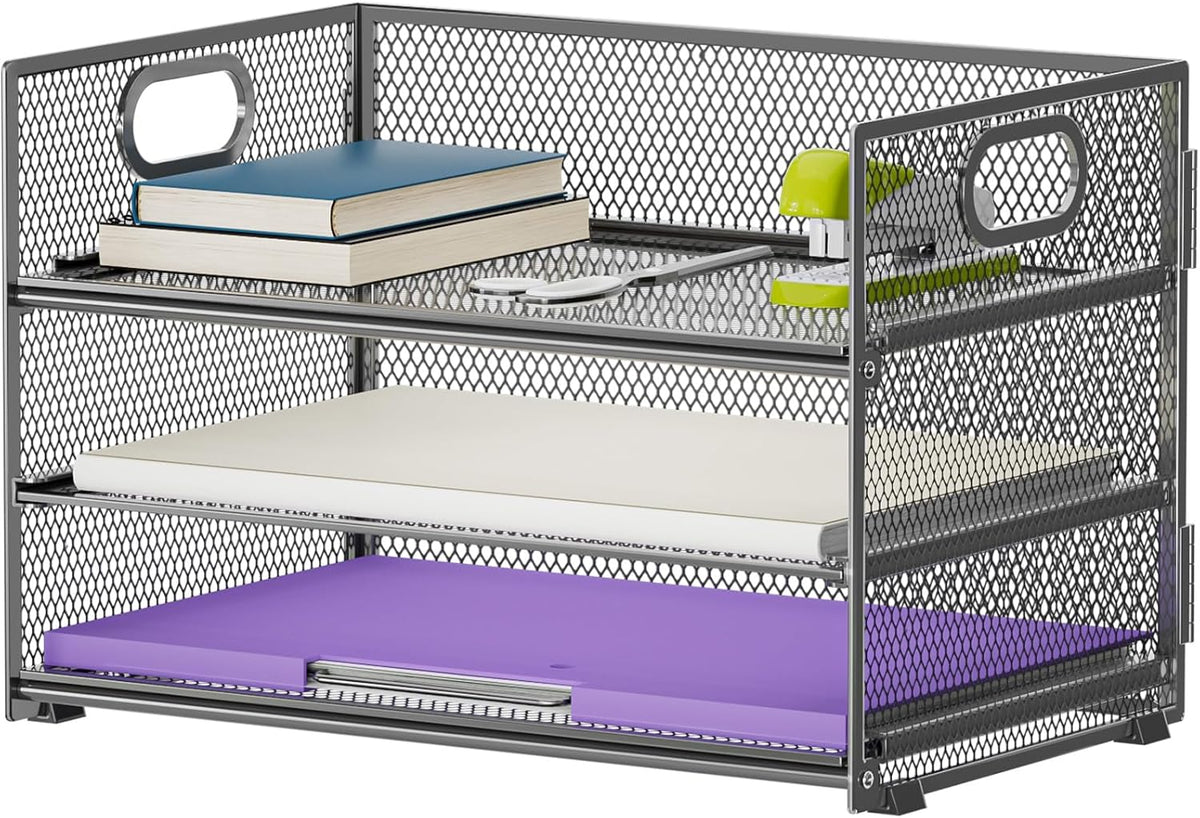 3 Tier Paper Organizer Letter Tray, Mesh File Organizer with Handle, Paper Sorter Desk Organizer for Home Office Supplies