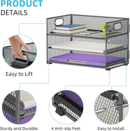 3 Tier Paper Organizer Letter Tray, Mesh File Organizer with Handle, Paper Sorter Desk Organizer for Home Office Supplies