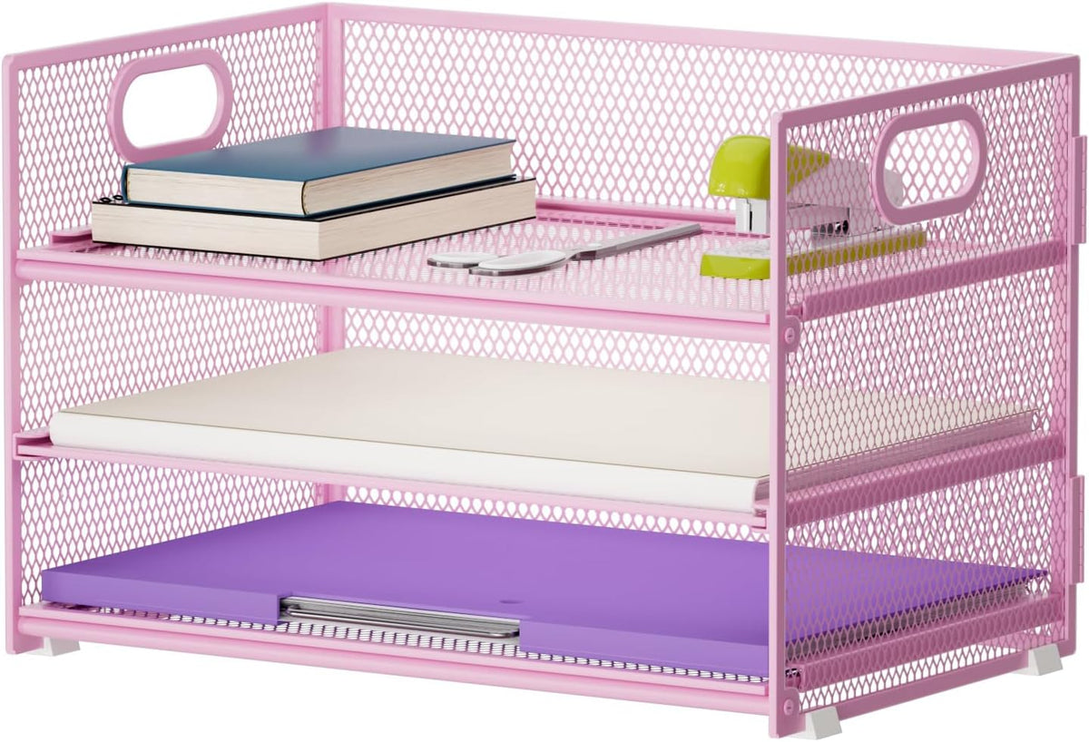 3 Tier Paper Organizer Letter Tray, Mesh File Organizer with Handle, Paper Sorter Desk Organizer for Home Office Supplies