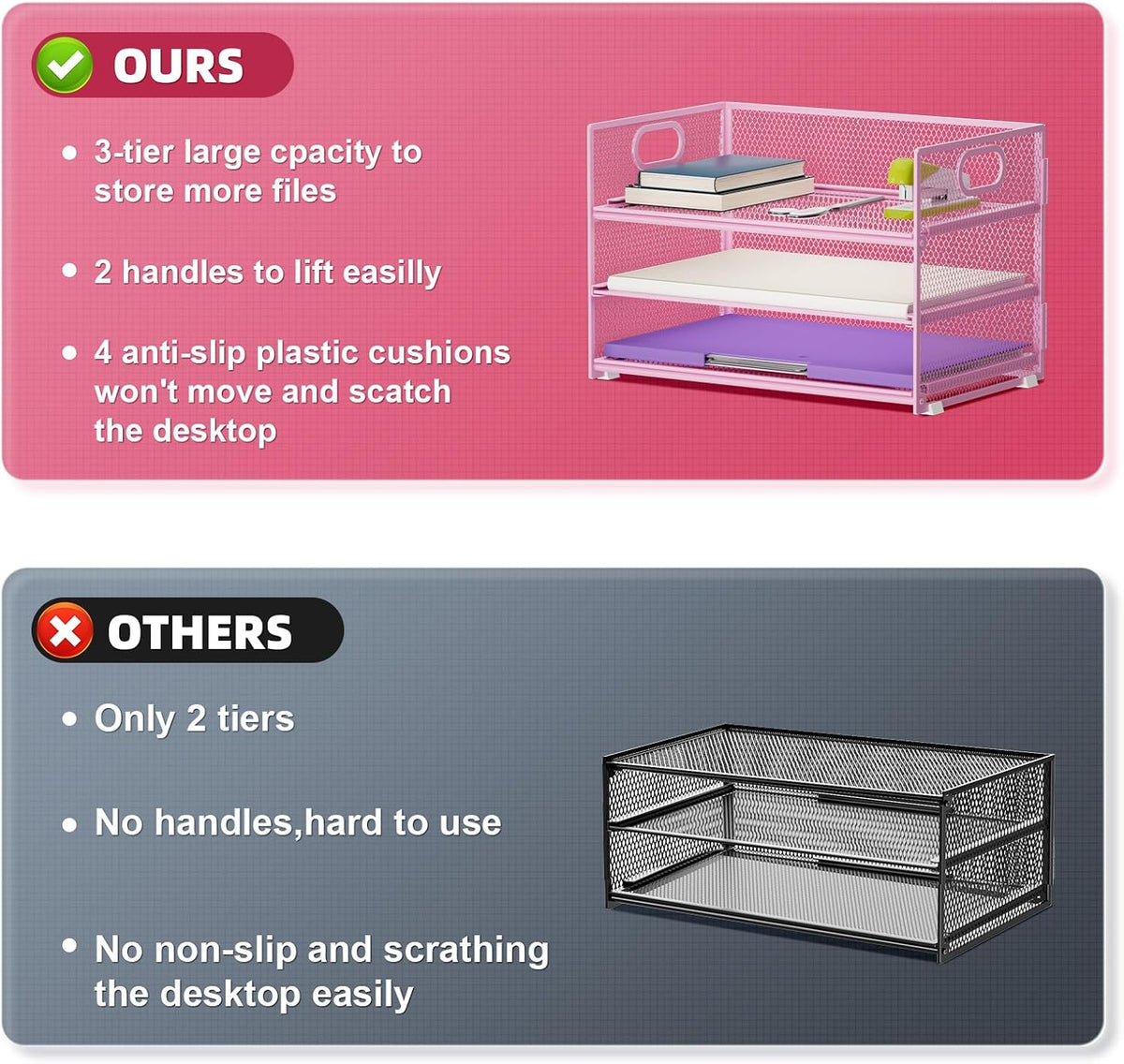 3 Tier Paper Organizer Letter Tray, Mesh File Organizer with Handle, Paper Sorter Desk Organizer for Home Office Supplies