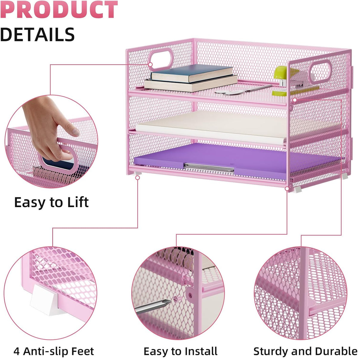 3 Tier Paper Organizer Letter Tray, Mesh File Organizer with Handle, Paper Sorter Desk Organizer for Home Office Supplies