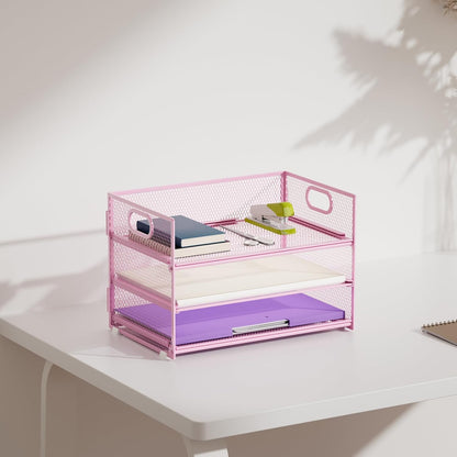 3 Tier Paper Organizer Letter Tray, Mesh File Organizer with Handle, Paper Sorter Desk Organizer for Home Office Supplies