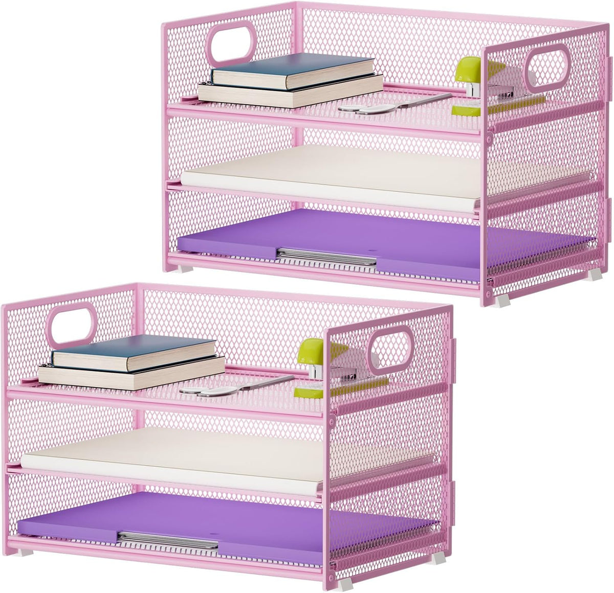 3 Tier Paper Organizer Letter Tray, Mesh File Organizer with Handle, Paper Sorter Desk Organizer for Home Office Supplies