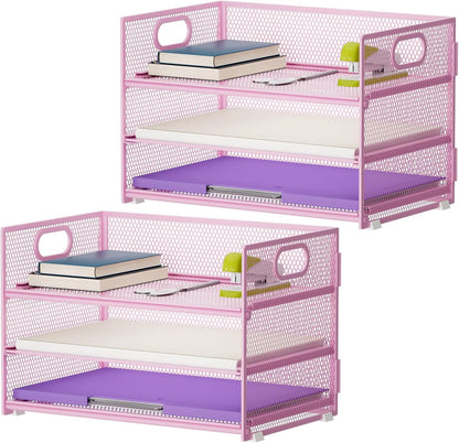 3 Tier Paper Organizer Letter Tray, Mesh File Organizer with Handle, Paper Sorter Desk Organizer for Home Office Supplies