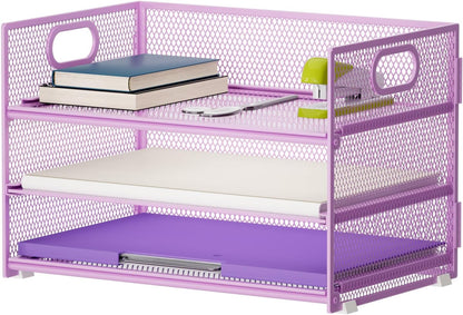 3 Tier Paper Organizer Letter Tray, Mesh File Organizer with Handle, Paper Sorter Desk Organizer for Home Office Supplies