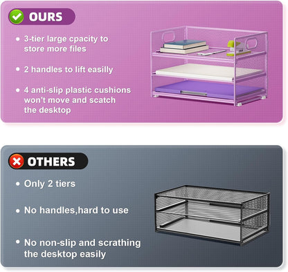 3 Tier Paper Organizer Letter Tray, Mesh File Organizer with Handle, Paper Sorter Desk Organizer for Home Office Supplies