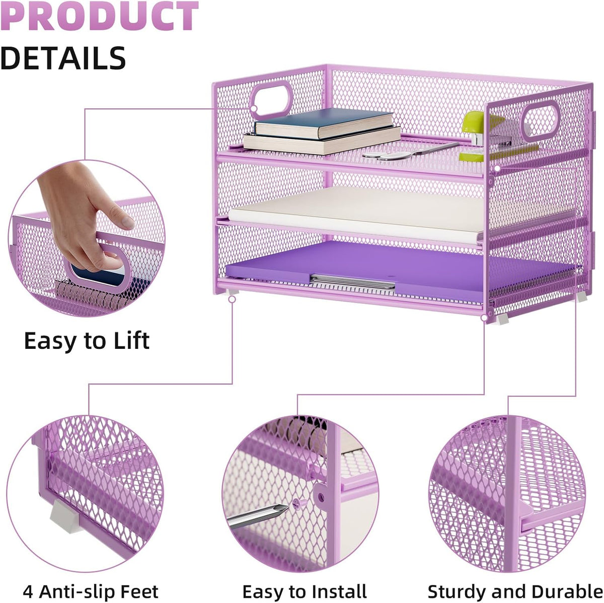 3 Tier Paper Organizer Letter Tray, Mesh File Organizer with Handle, Paper Sorter Desk Organizer for Home Office Supplies