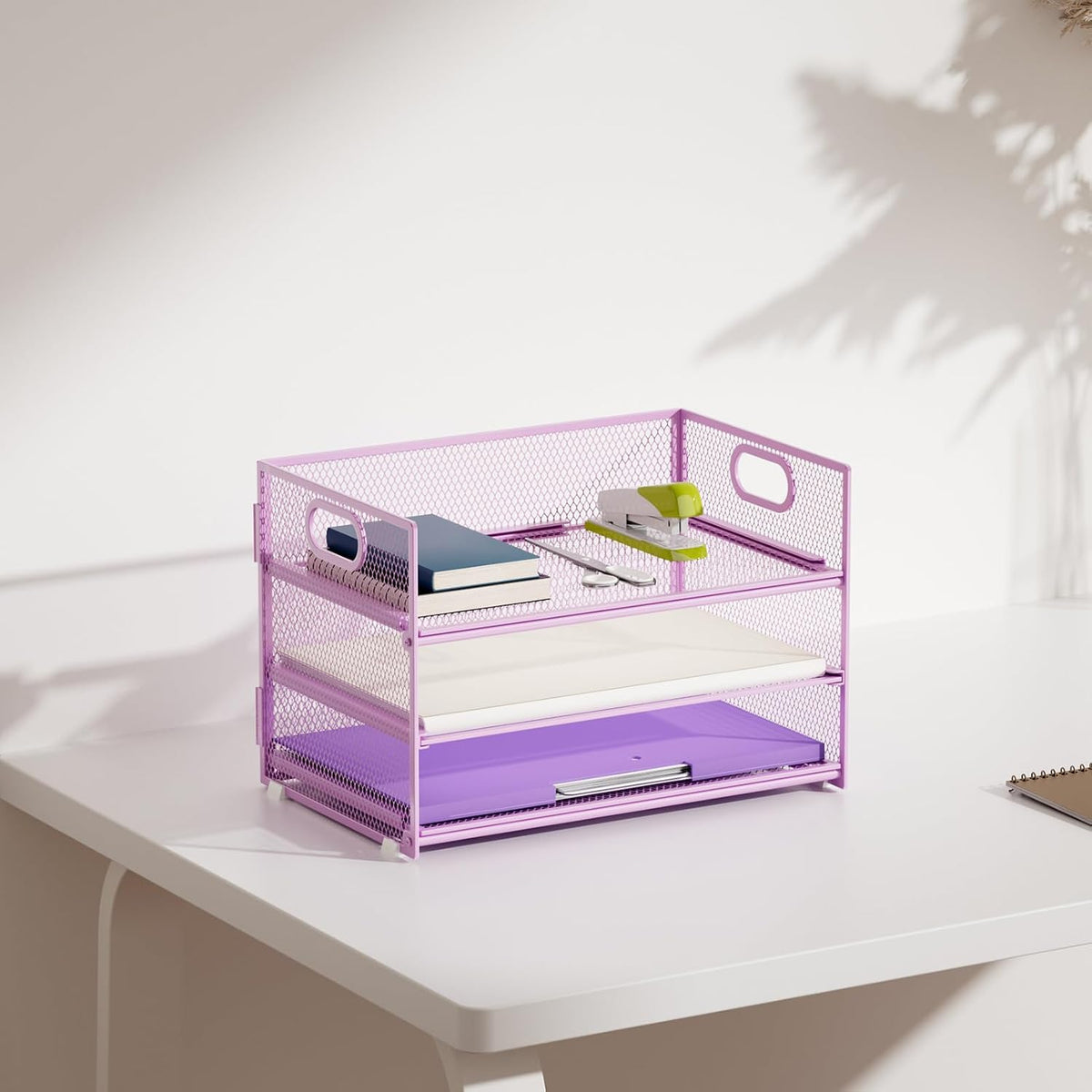 3 Tier Paper Organizer Letter Tray, Mesh File Organizer with Handle, Paper Sorter Desk Organizer for Home Office Supplies