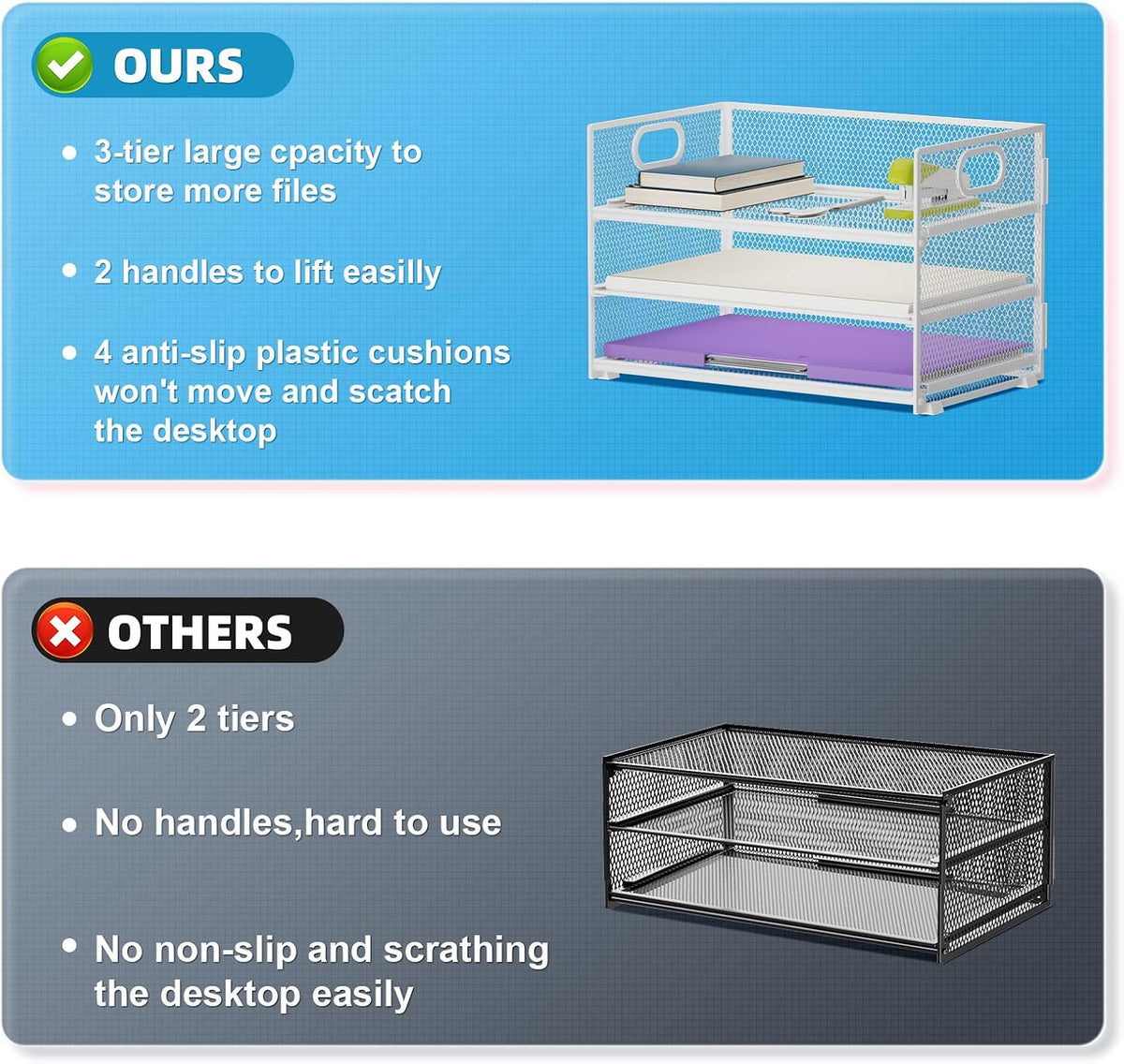 3 Tier Paper Organizer Letter Tray, Mesh File Organizer with Handle, Paper Sorter Desk Organizer for Home Office Supplies