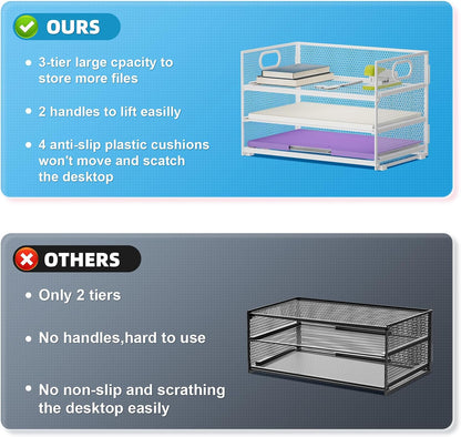3 Tier Paper Organizer Letter Tray, Mesh File Organizer with Handle, Paper Sorter Desk Organizer for Home Office Supplies