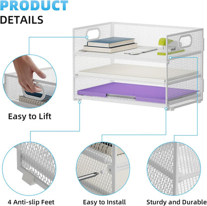 3 Tier Paper Organizer Letter Tray, Mesh File Organizer with Handle, Paper Sorter Desk Organizer for Home Office Supplies