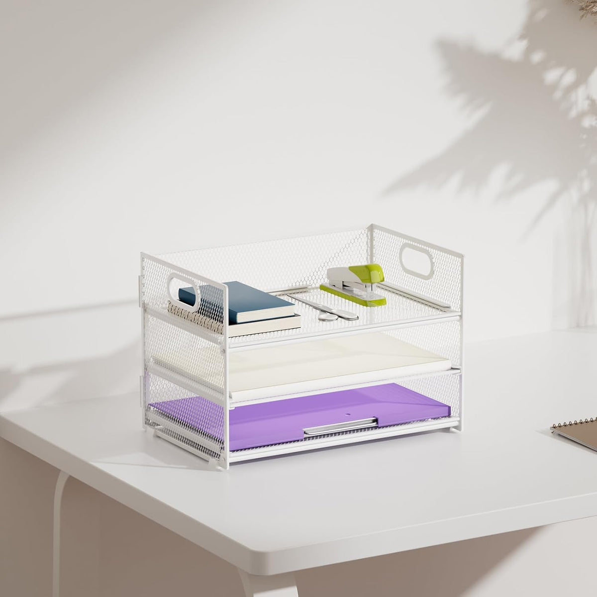 3 Tier Paper Organizer Letter Tray, Mesh File Organizer with Handle, Paper Sorter Desk Organizer for Home Office Supplies