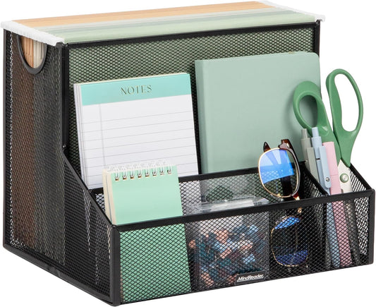 Desktop Organizer with Hanging File Storage, 4 Compartment Letter Size File Holder, Metal Mesh Desk Organizer for Office and Home, Black