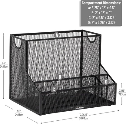 Desktop Organizer with Hanging File Storage, 4 Compartment Letter Size File Holder, Metal Mesh Desk Organizer for Office and Home, Black