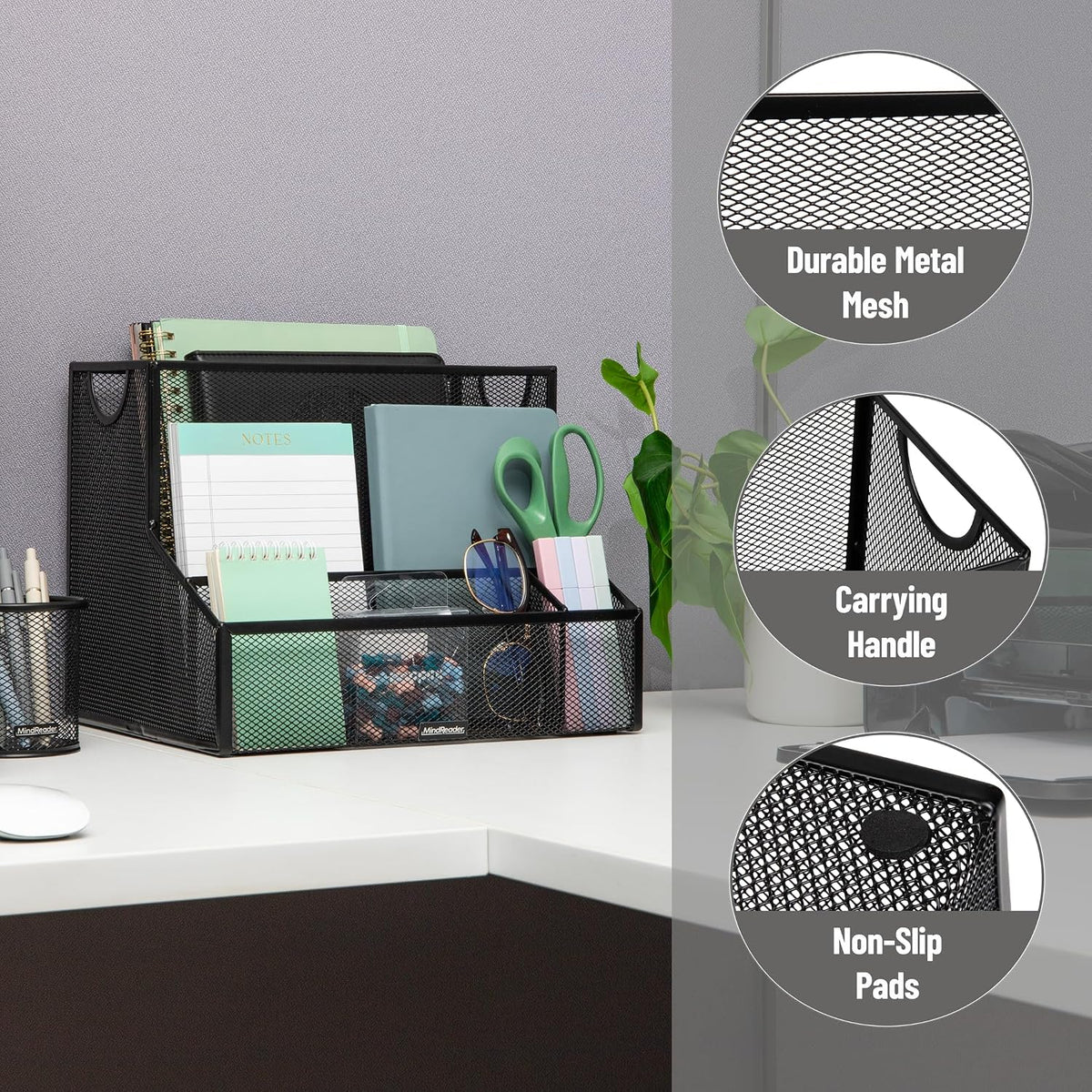 Desktop Organizer with Hanging File Storage, 4 Compartment Letter Size File Holder, Metal Mesh Desk Organizer for Office and Home, Black