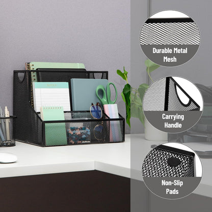 Desktop Organizer with Hanging File Storage, 4 Compartment Letter Size File Holder, Metal Mesh Desk Organizer for Office and Home, Black
