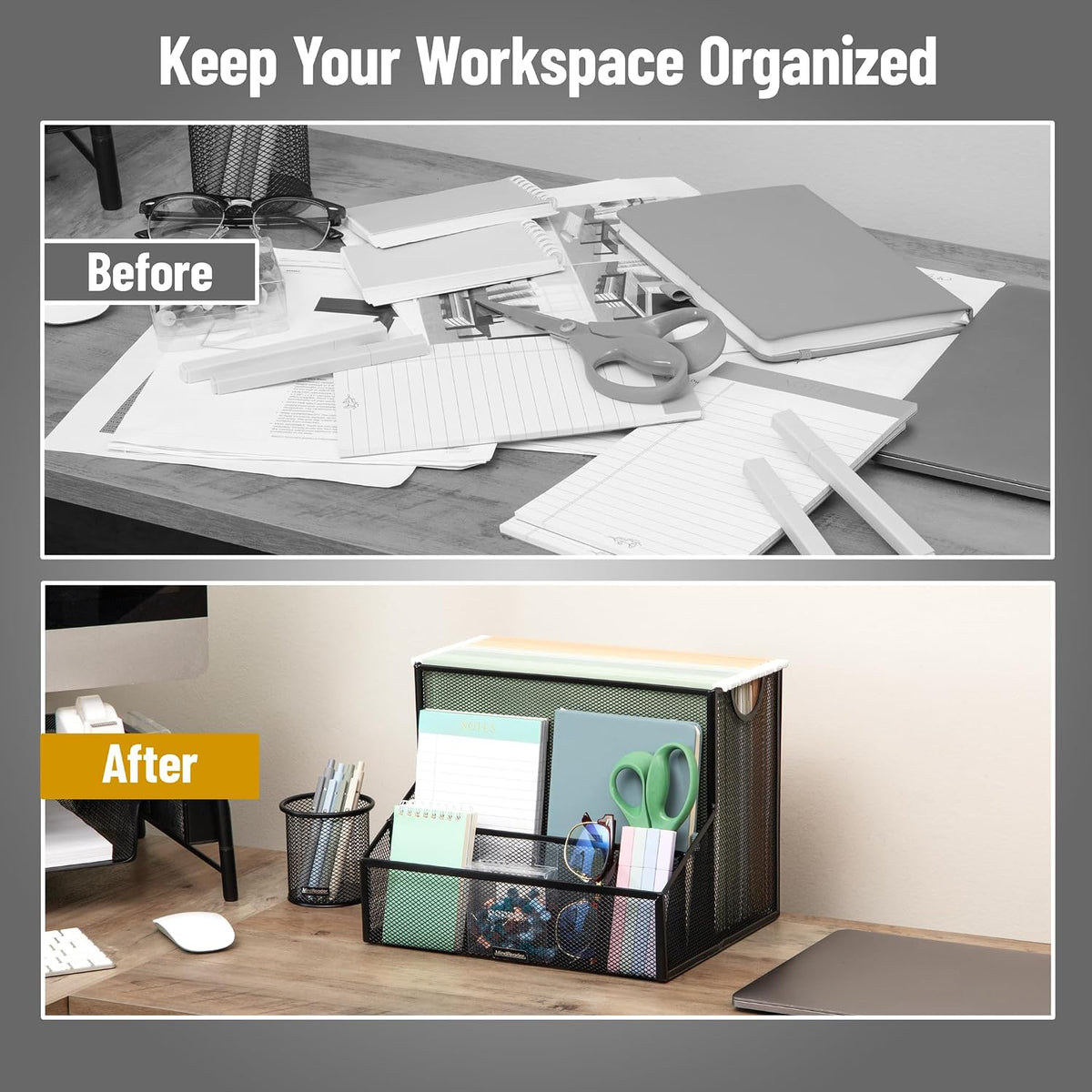Desktop Organizer with Hanging File Storage, 4 Compartment Letter Size File Holder, Metal Mesh Desk Organizer for Office and Home, Black