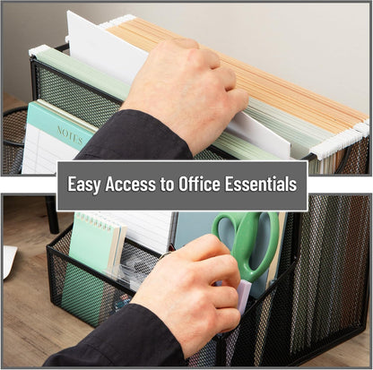 Desktop Organizer with Hanging File Storage, 4 Compartment Letter Size File Holder, Metal Mesh Desk Organizer for Office and Home, Black