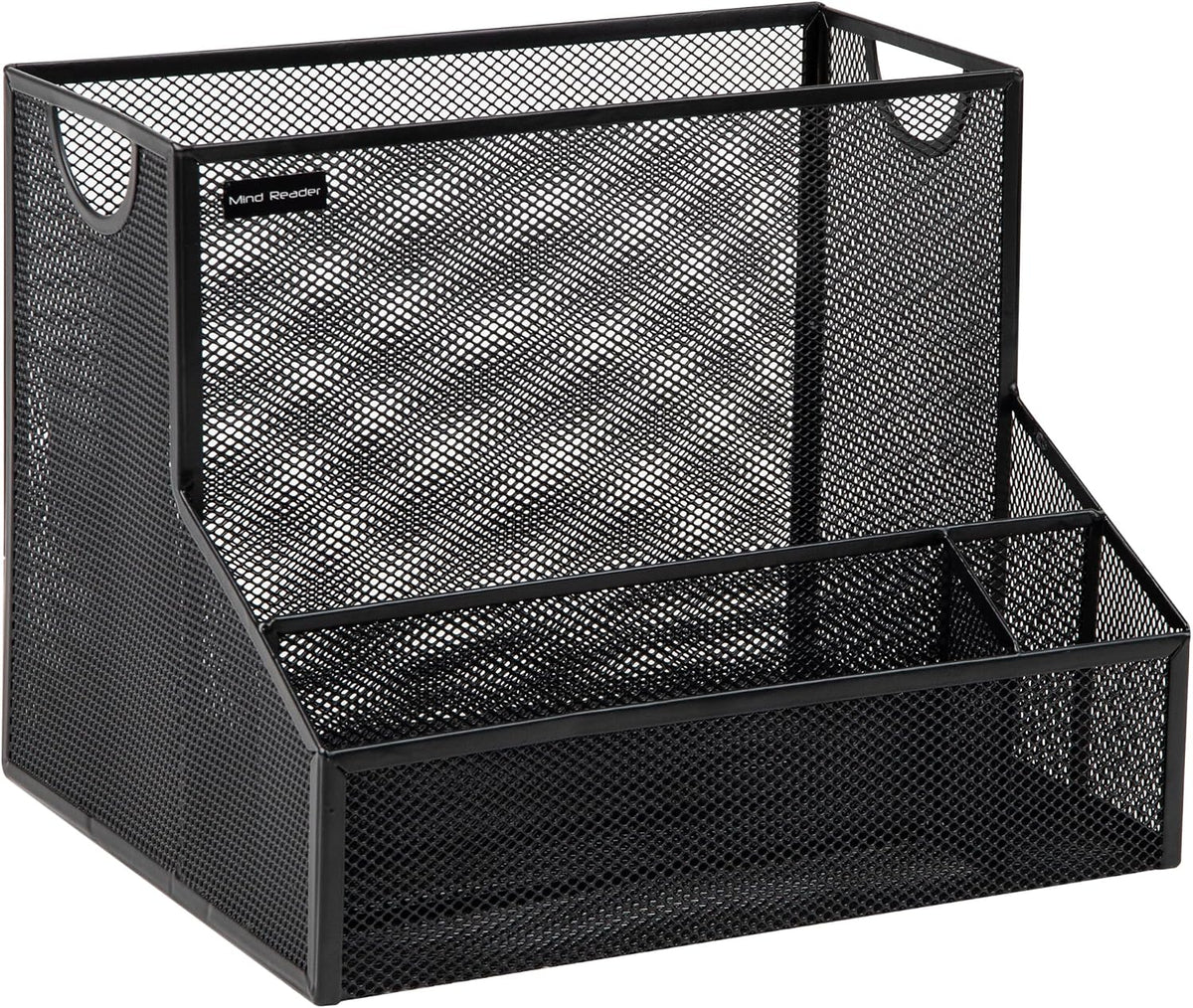 Desktop Organizer with Hanging File Storage, 4 Compartment Letter Size File Holder, Metal Mesh Desk Organizer for Office and Home, Black