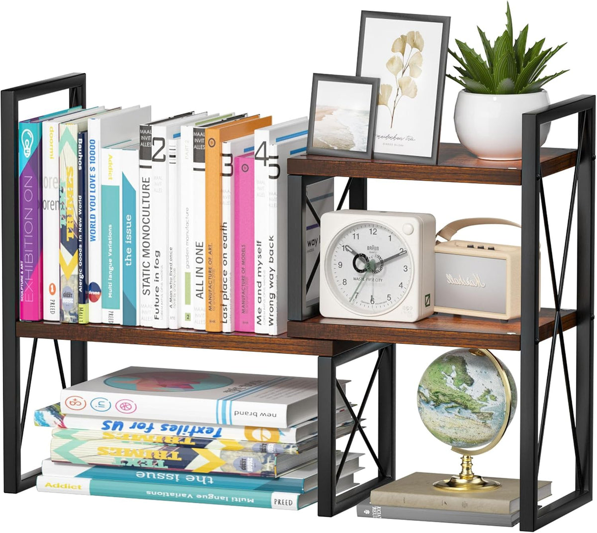 Expandable Desktop Shelf Organizer, 2 Tier Wood Desk Shelf for Office, Metal Corner Bookshelf, Countertop Storage Rack (Brown)