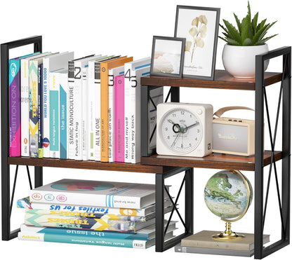 Expandable Desktop Shelf Organizer, 2 Tier Wood Desk Shelf for Office, Metal Corner Bookshelf, Countertop Storage Rack (Brown)