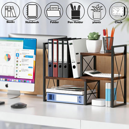 Expandable Desktop Shelf Organizer, 2 Tier Wood Desk Shelf for Office, Metal Corner Bookshelf, Countertop Storage Rack (Brown)