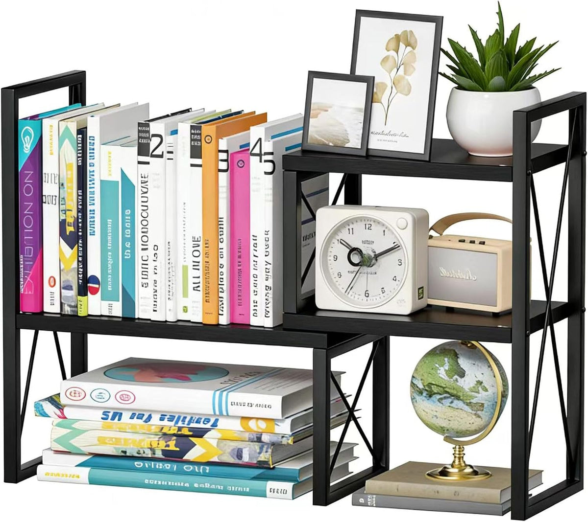 Expandable Desktop Shelf Organizer, 2 Tier Wood Desk Shelf for Office, Metal Corner Bookshelf, Countertop Storage Rack (Brown)