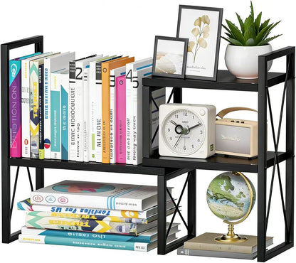 Expandable Desktop Shelf Organizer, 2 Tier Wood Desk Shelf for Office, Metal Corner Bookshelf, Countertop Storage Rack (Brown)