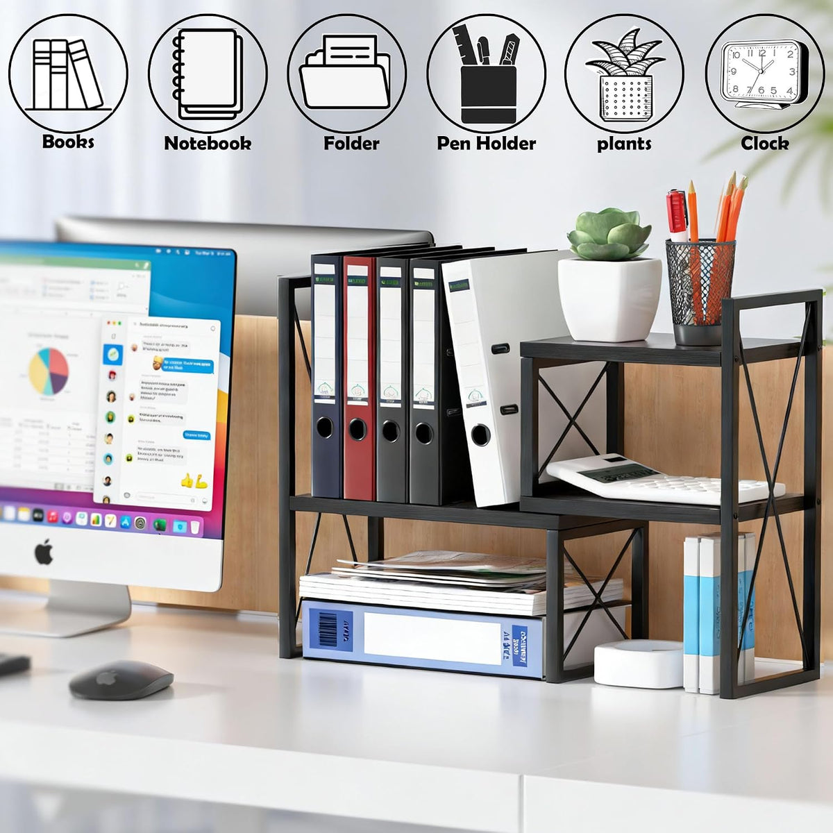 Expandable Desktop Shelf Organizer, 2 Tier Wood Desk Shelf for Office, Metal Corner Bookshelf, Countertop Storage Rack (Brown)