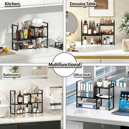 Expandable Desktop Shelf Organizer, 2 Tier Wood Desk Shelf for Office, Metal Corner Bookshelf, Countertop Storage Rack (Brown)