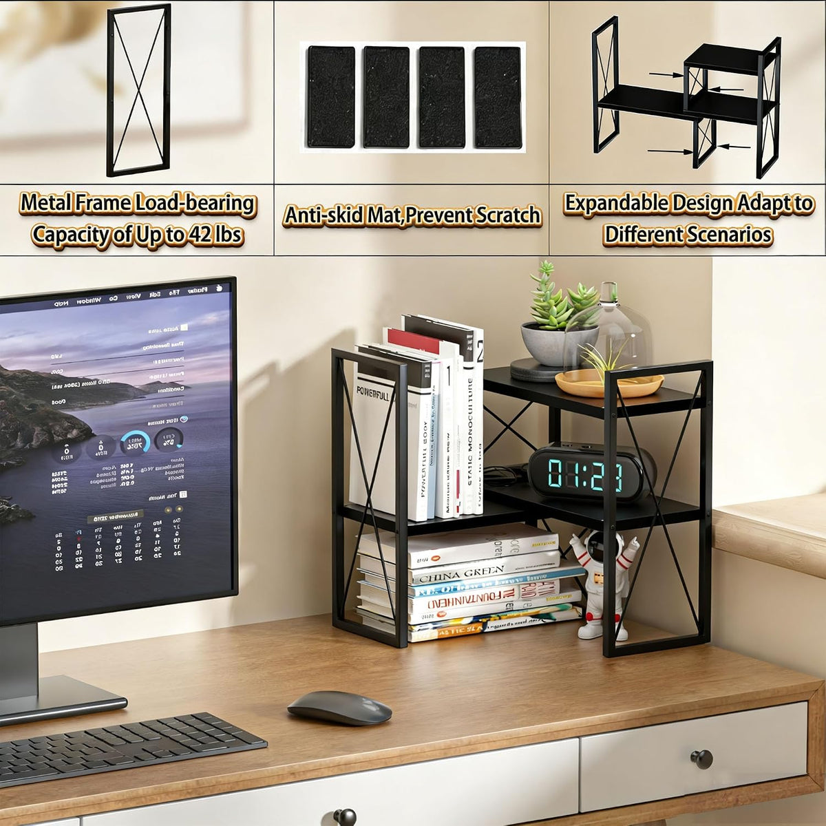 Expandable Desktop Shelf Organizer, 2 Tier Wood Desk Shelf for Office, Metal Corner Bookshelf, Countertop Storage Rack (Brown)