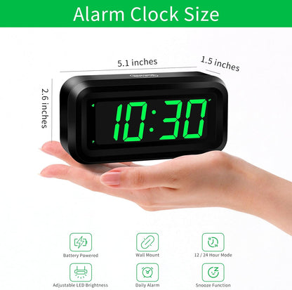 1.2 Inch Small Digital Alarm Clock, Green LED Display with Adjustable Brightness & Night Mode, Battery Operated Portable Desk Clock, for Bedroom, Travel, Kids, Wall Mount (Snooze, 12/24H)