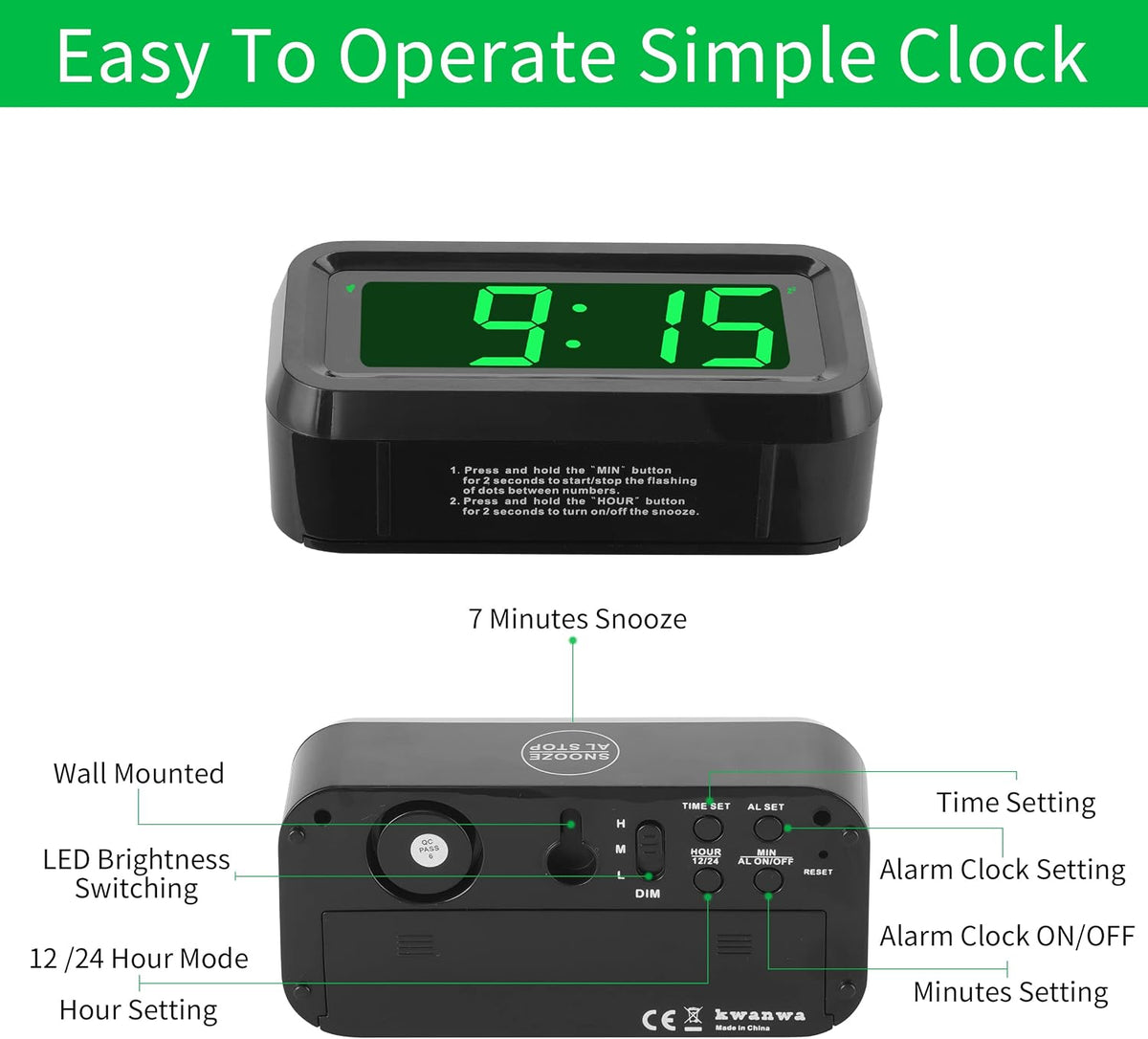 1.2 Inch Small Digital Alarm Clock, Green LED Display with Adjustable Brightness & Night Mode, Battery Operated Portable Desk Clock, for Bedroom, Travel, Kids, Wall Mount (Snooze, 12/24H)