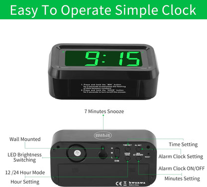 1.2 Inch Small Digital Alarm Clock, Green LED Display with Adjustable Brightness & Night Mode, Battery Operated Portable Desk Clock, for Bedroom, Travel, Kids, Wall Mount (Snooze, 12/24H)