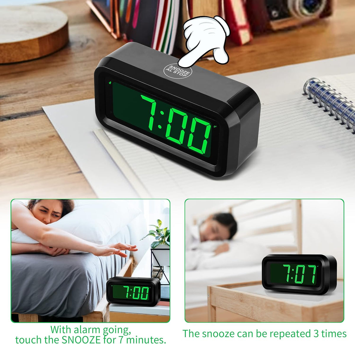 1.2 Inch Small Digital Alarm Clock, Green LED Display with Adjustable Brightness & Night Mode, Battery Operated Portable Desk Clock, for Bedroom, Travel, Kids, Wall Mount (Snooze, 12/24H)