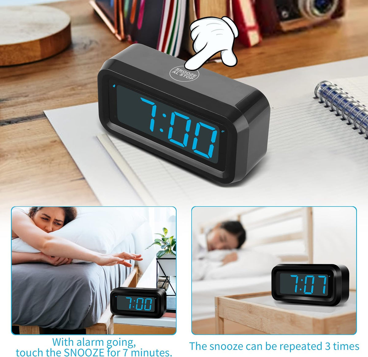 1.2 Inch Small Digital Alarm Clock, Green LED Display with Adjustable Brightness & Night Mode, Battery Operated Portable Desk Clock, for Bedroom, Travel, Kids, Wall Mount (Snooze, 12/24H)