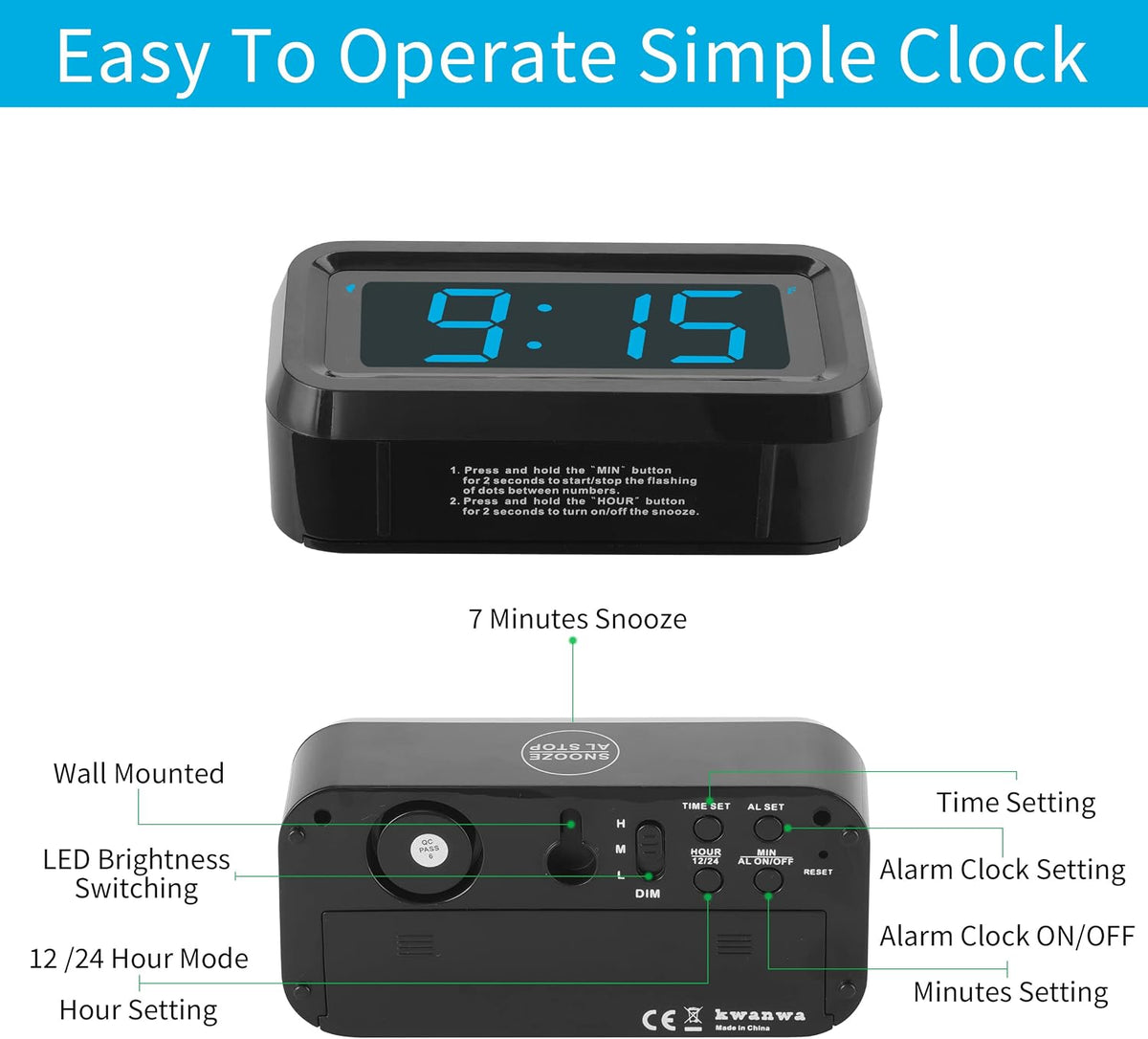 1.2 Inch Small Digital Alarm Clock, Green LED Display with Adjustable Brightness & Night Mode, Battery Operated Portable Desk Clock, for Bedroom, Travel, Kids, Wall Mount (Snooze, 12/24H)