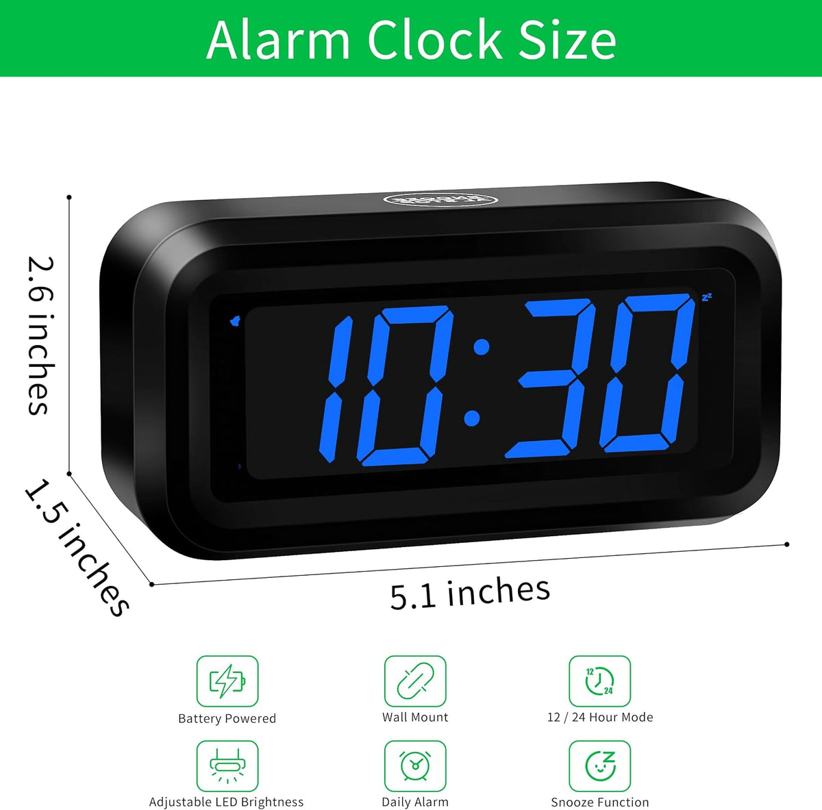 1.2 Inch Small Digital Alarm Clock, Green LED Display with Adjustable Brightness & Night Mode, Battery Operated Portable Desk Clock, for Bedroom, Travel, Kids, Wall Mount (Snooze, 12/24H)